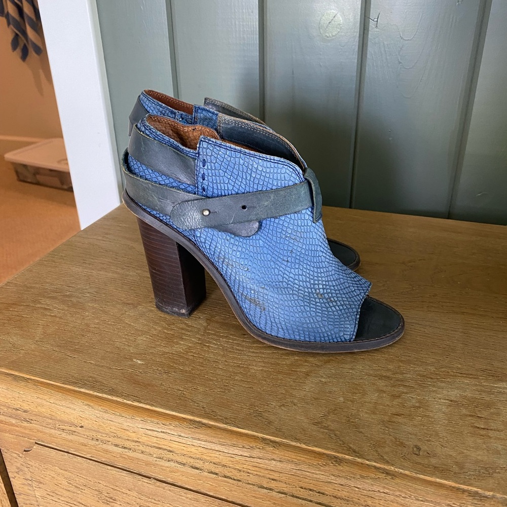 Blue snake skin ankle booties